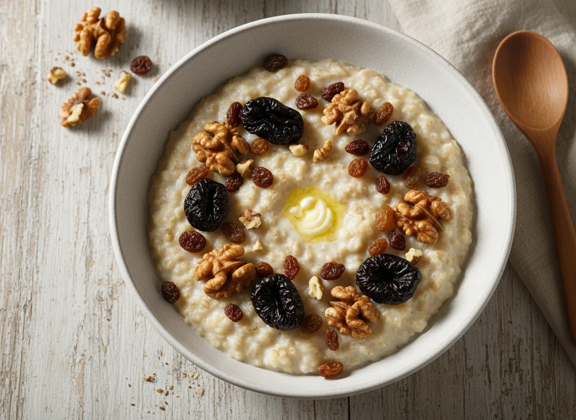 Овсяная каша с грецкими орехами, изюмом и черносливом photo