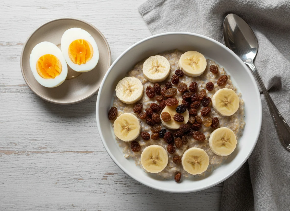 Овсяная каша с изюмом, бананом и яйцами photo