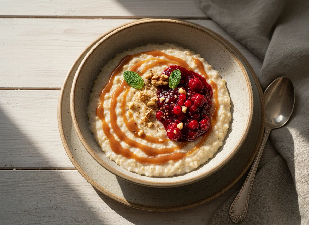 Овсяная каша с карамельным соусом и вареньем photo