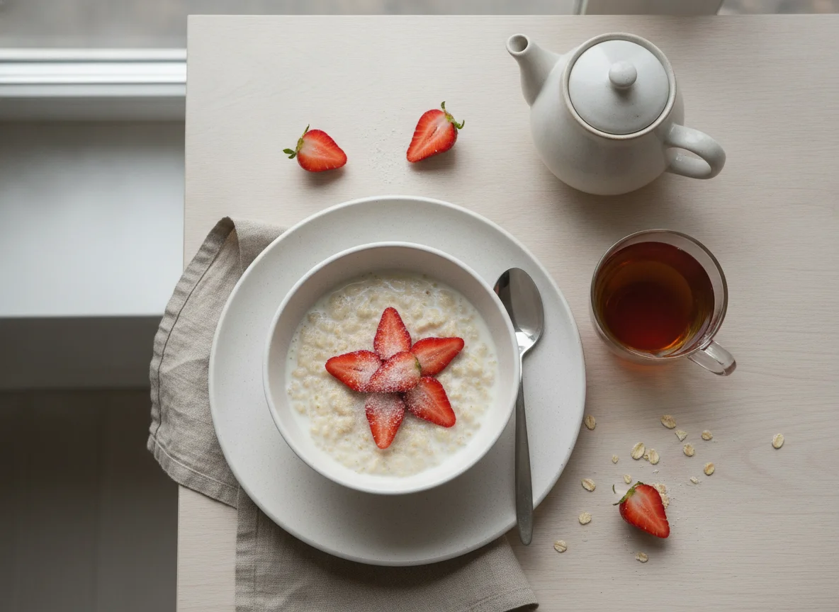 Овсяная каша с клубникой и чай photo