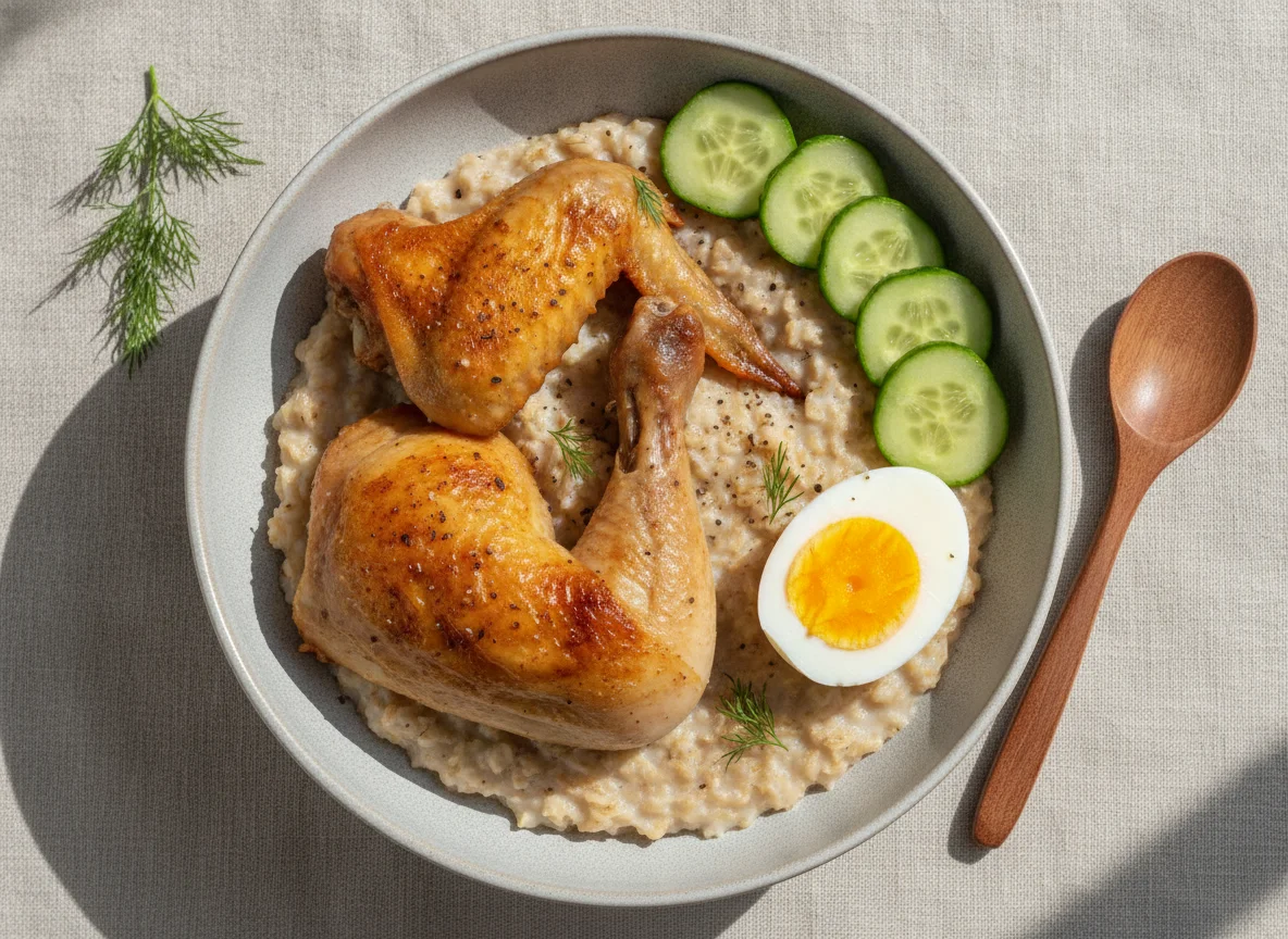 Овсяная каша с курицей, яйцом и огурцом photo
