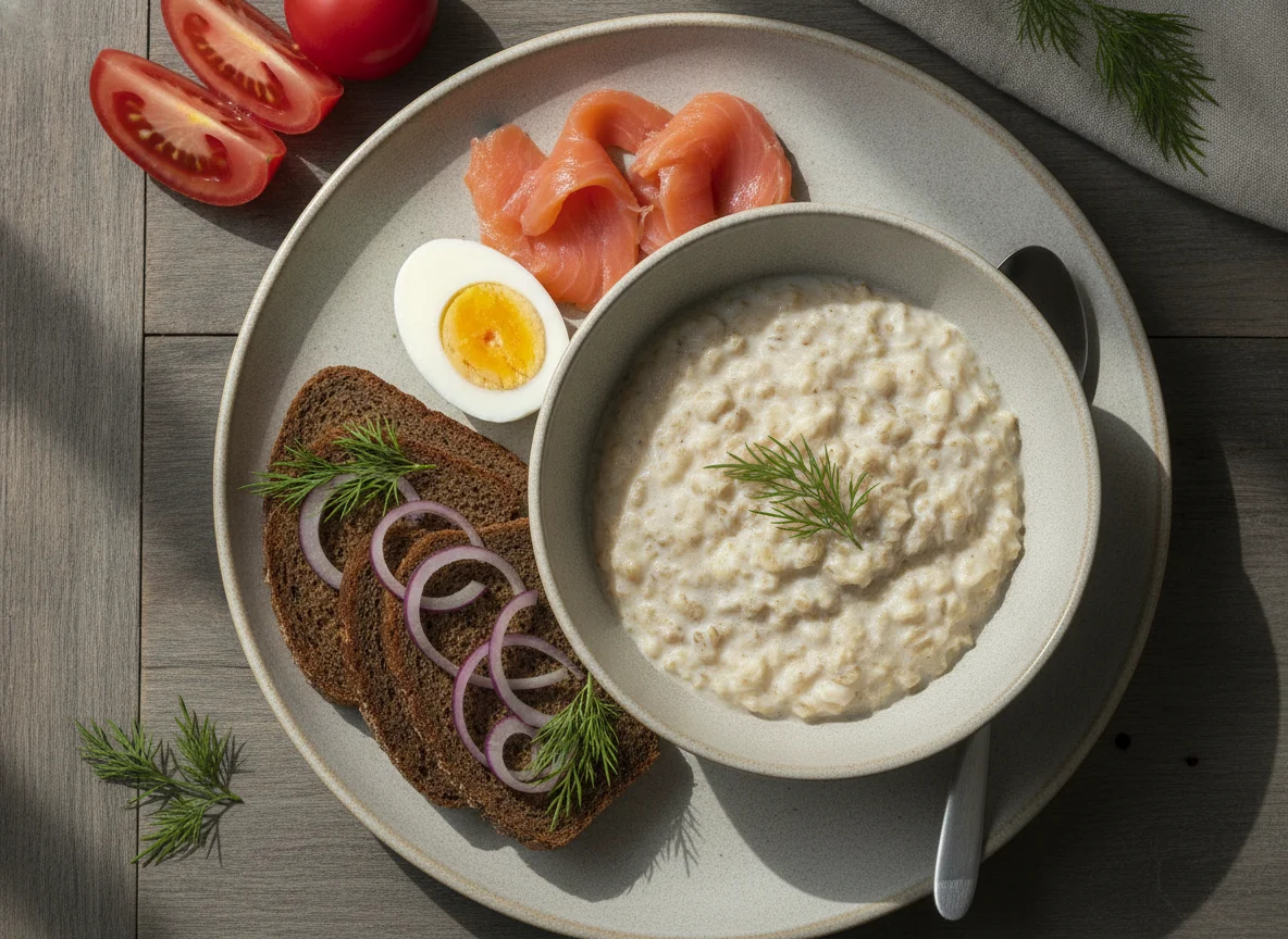 Овсяная каша с семгой, яйцом, помидорами и ржаным хлебом photo