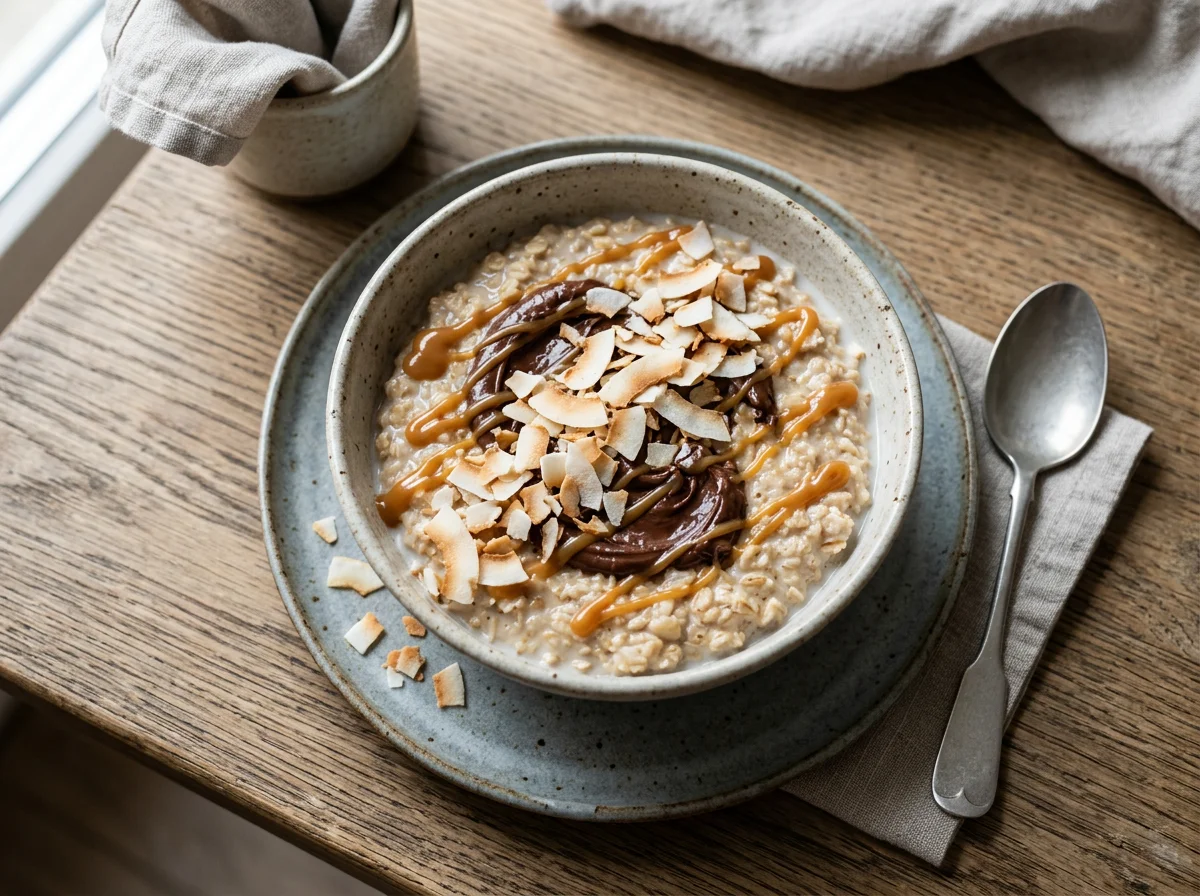 Овсяная каша с шоколадной пастой, карамельным соусом и кокосовой стружкой photo
