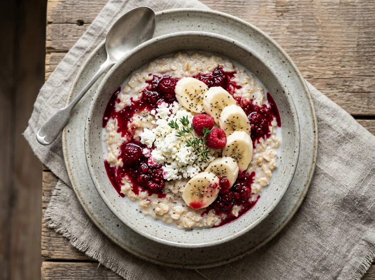 Овсяная каша с творогом, бананом и ягодным соусом photo