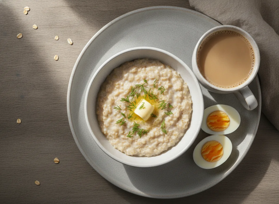 Овсяная каша с вареными яйцами и кофе с молоком photo