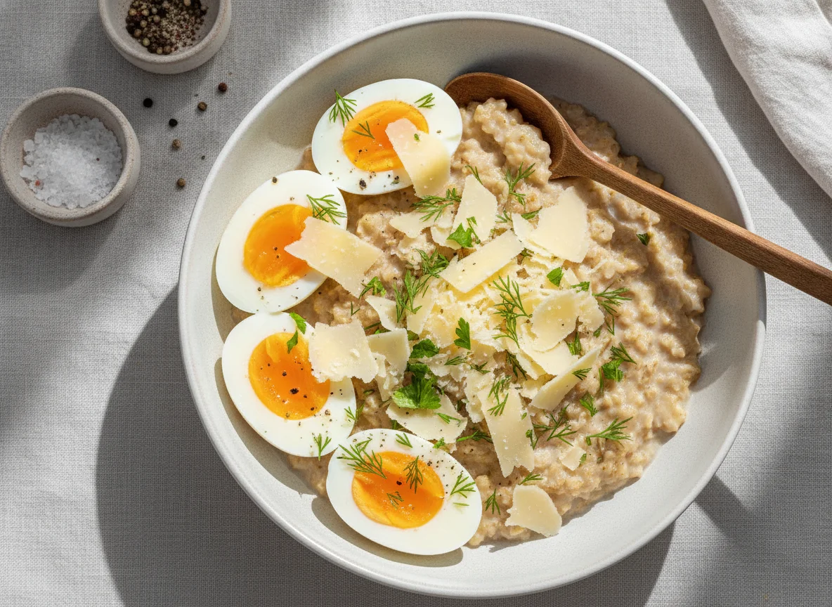 Овсяная каша с вареными яйцами и сыром photo