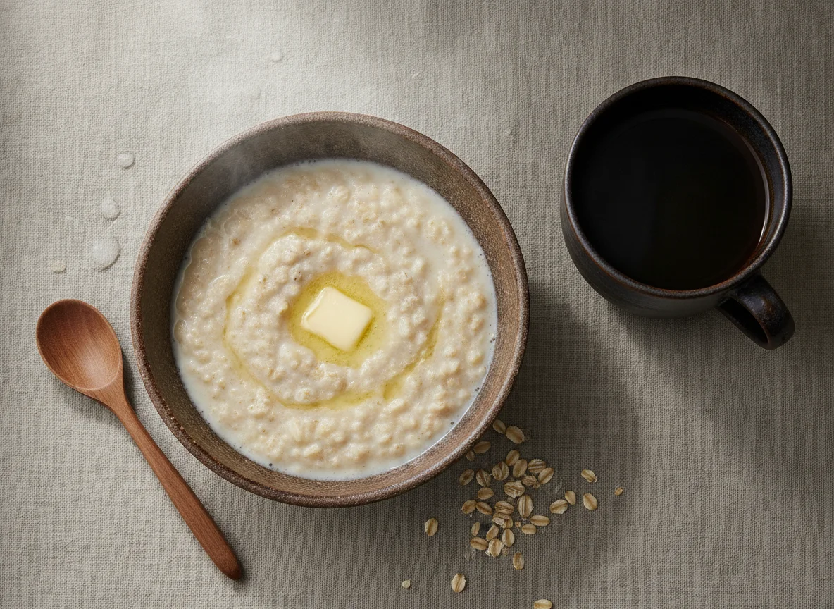 Овсяная каша со сливочным маслом и черный кофе photo