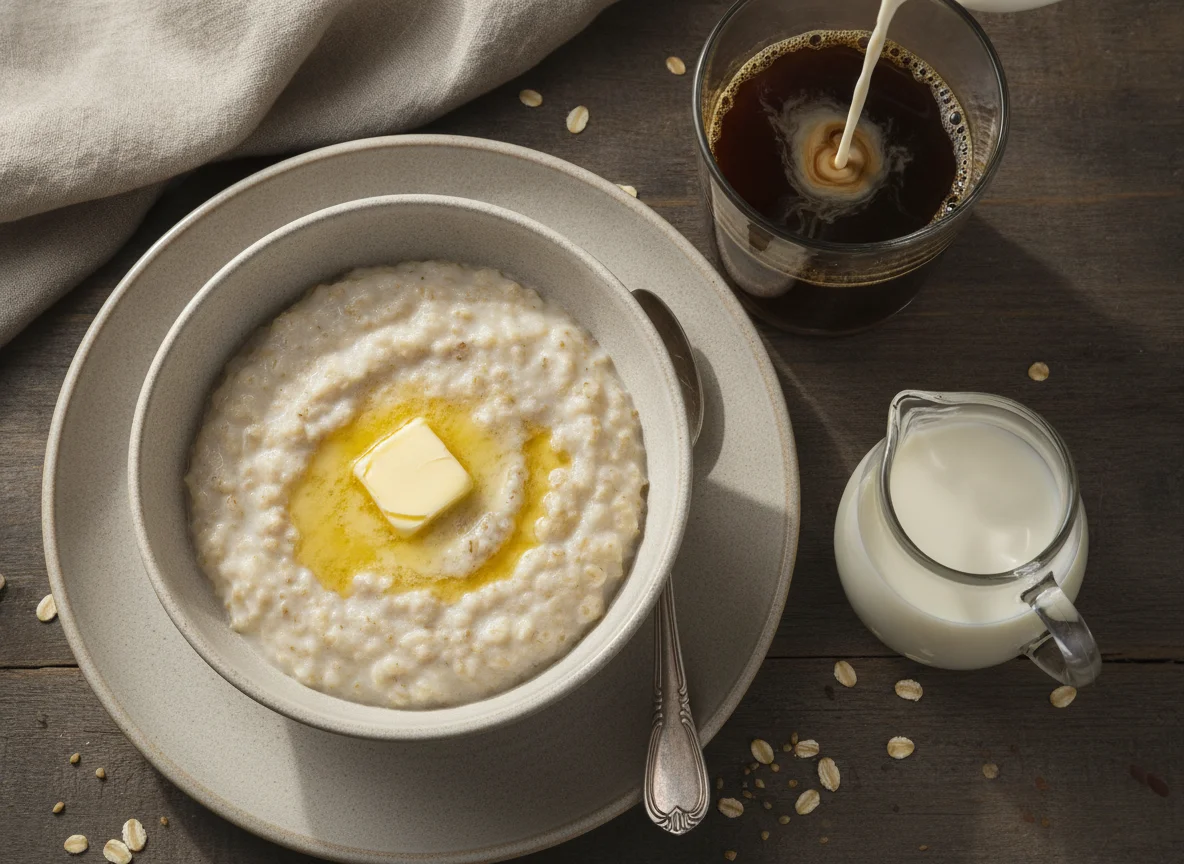 Овсяная каша со сливочным маслом и кофе с молоком photo