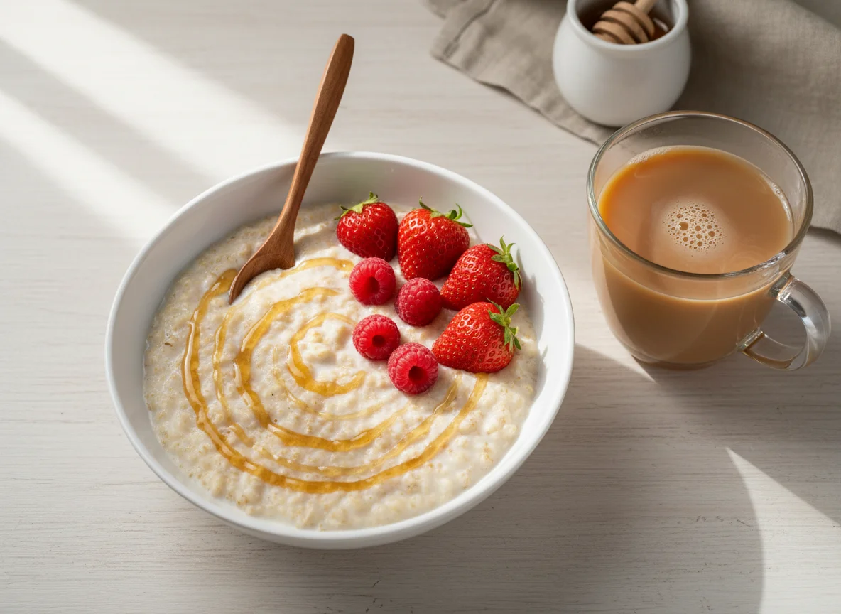 Овсянка с ягодами и чай с молоком photo