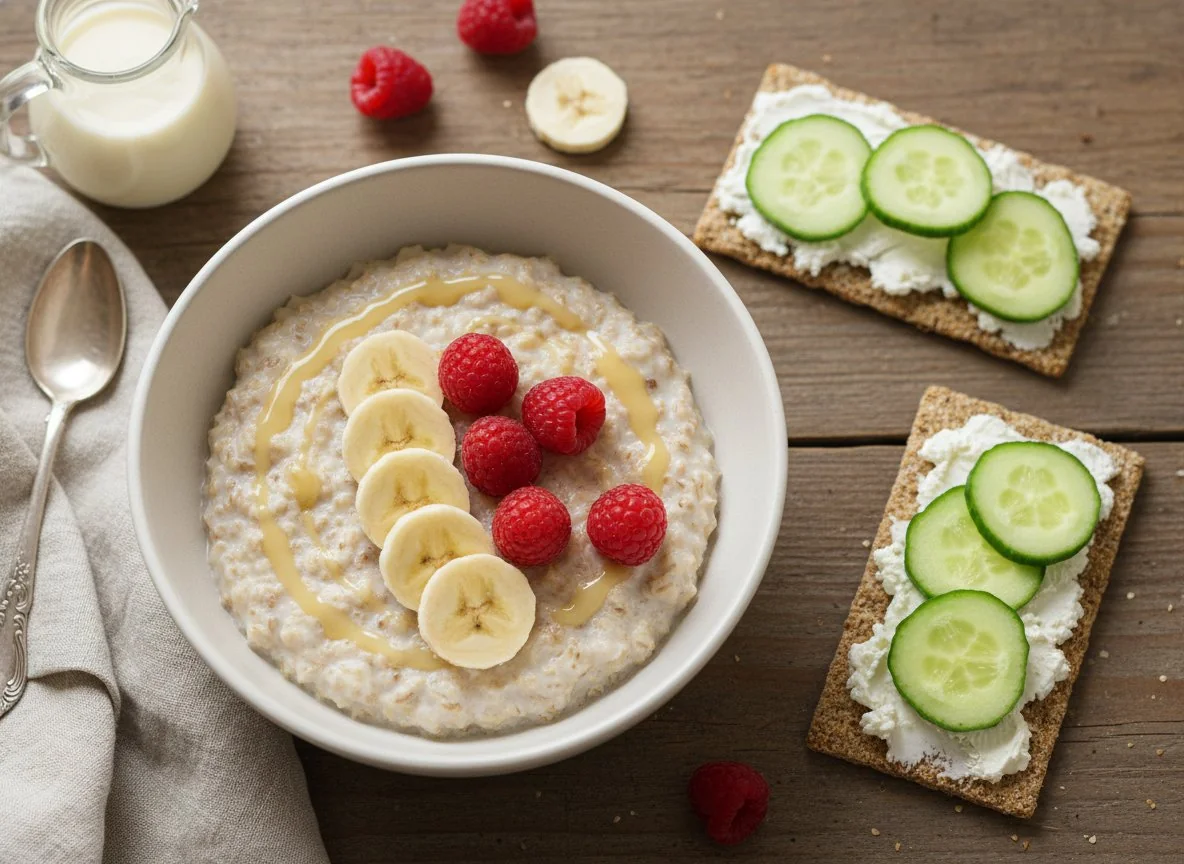 Овсянка с бананом и малиной, бутерброды с огурцом photo