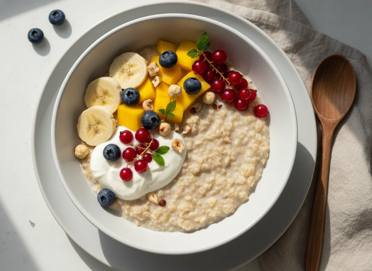 Овсянка с фруктами, орехами и йогуртом photo