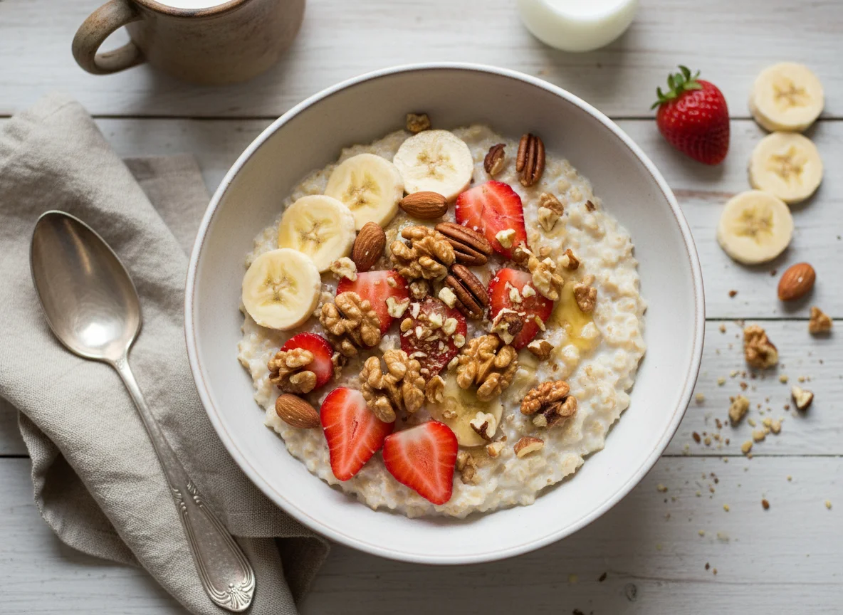 Овсянка с клубникой, бананом и орехами photo