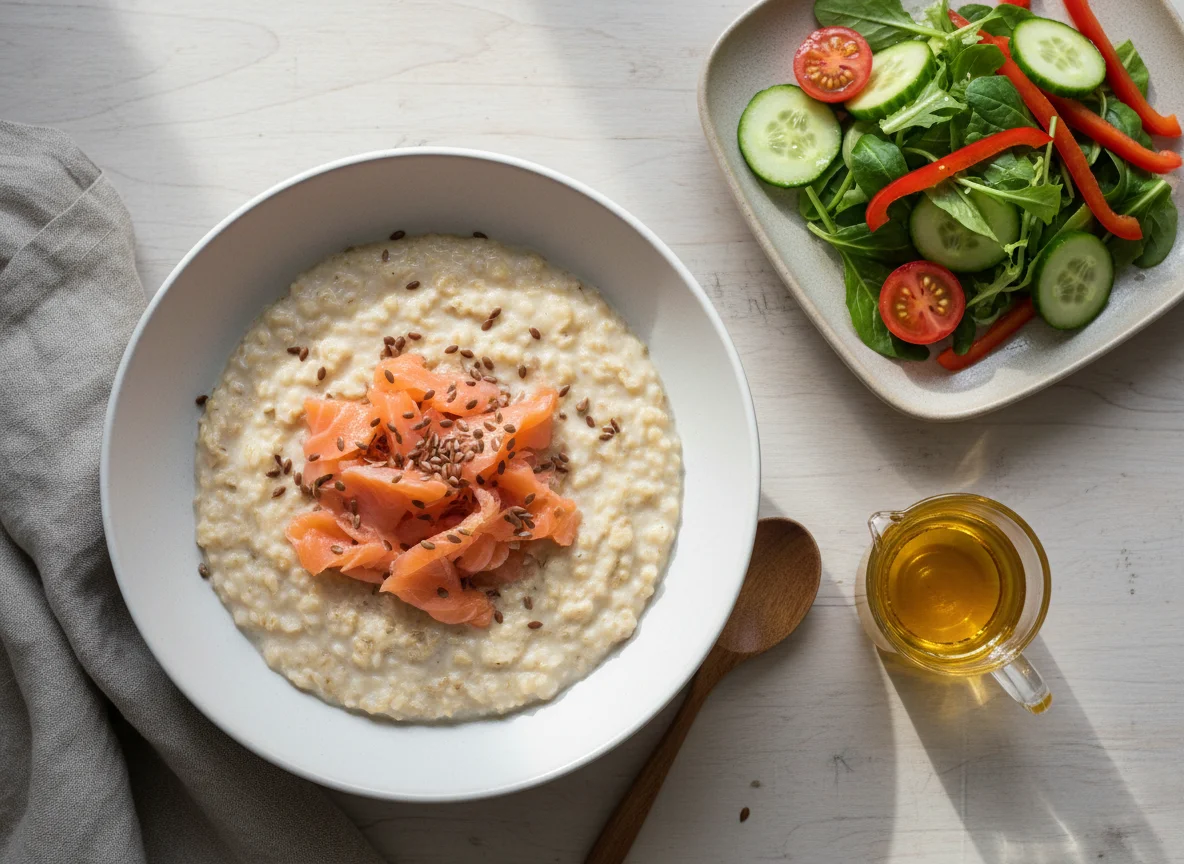 Овсянка с лососем и овощным салатом photo