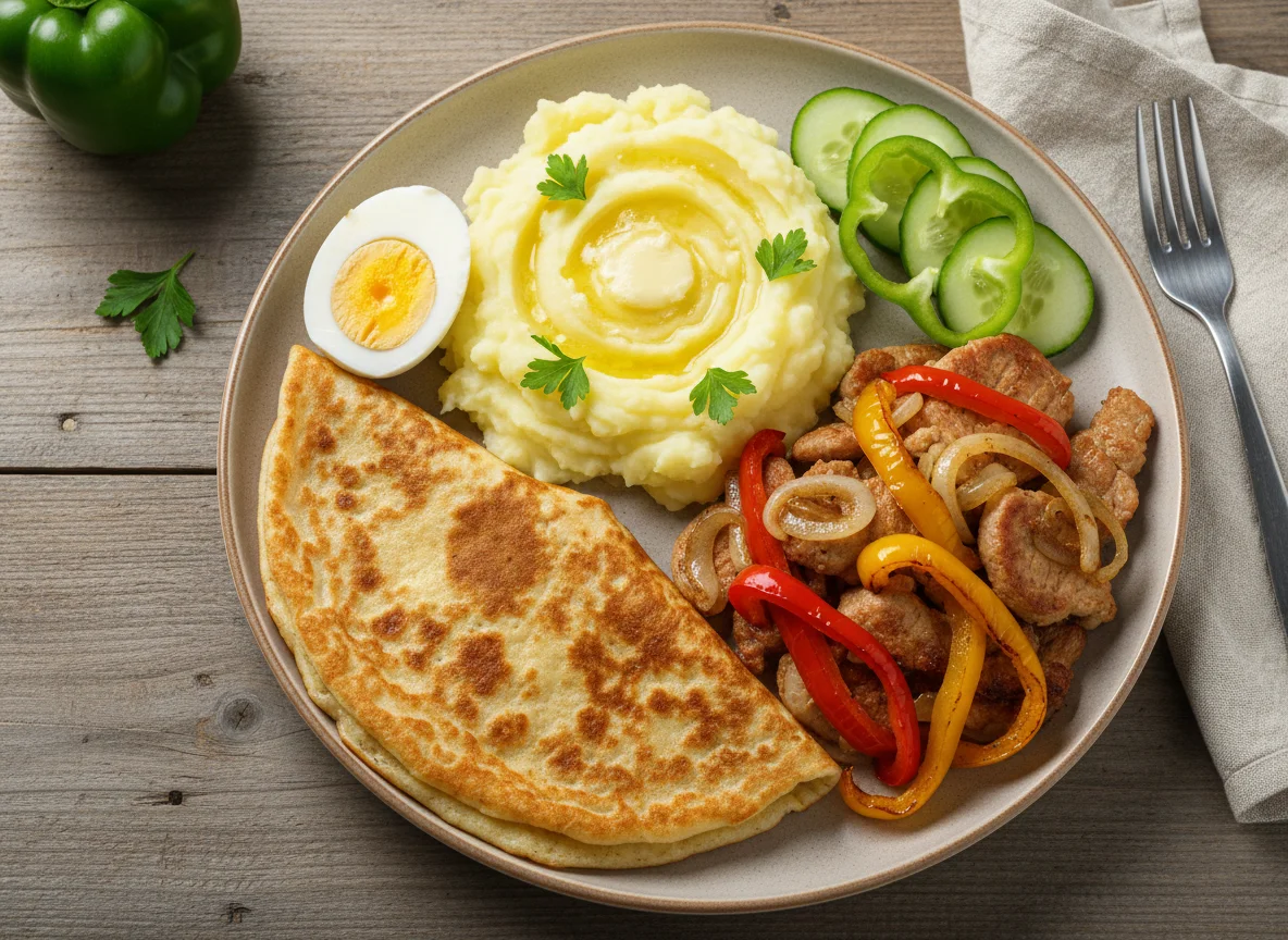 Овсяноблин, пюре, жареная свинина с овощами photo