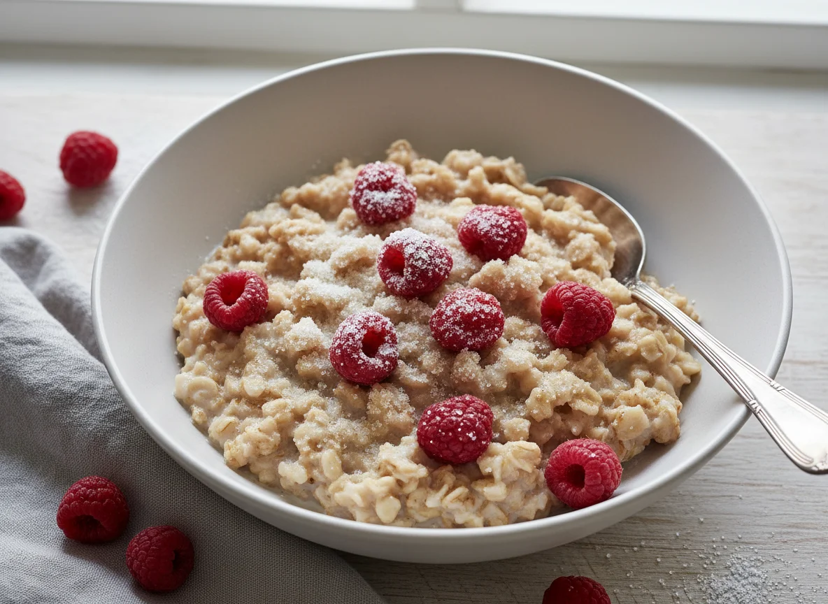 Овсяные хлопья Быстров с малиной и молоком photo