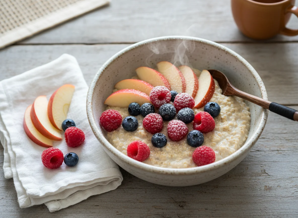 Овсяные хлопья с яблоком, малиной и черникой photo