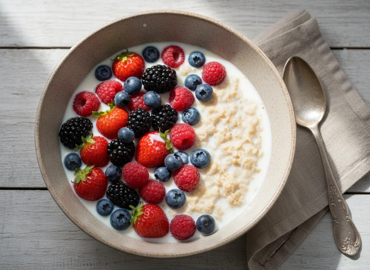 Овсяные хлопья с молоком и ягодами photo