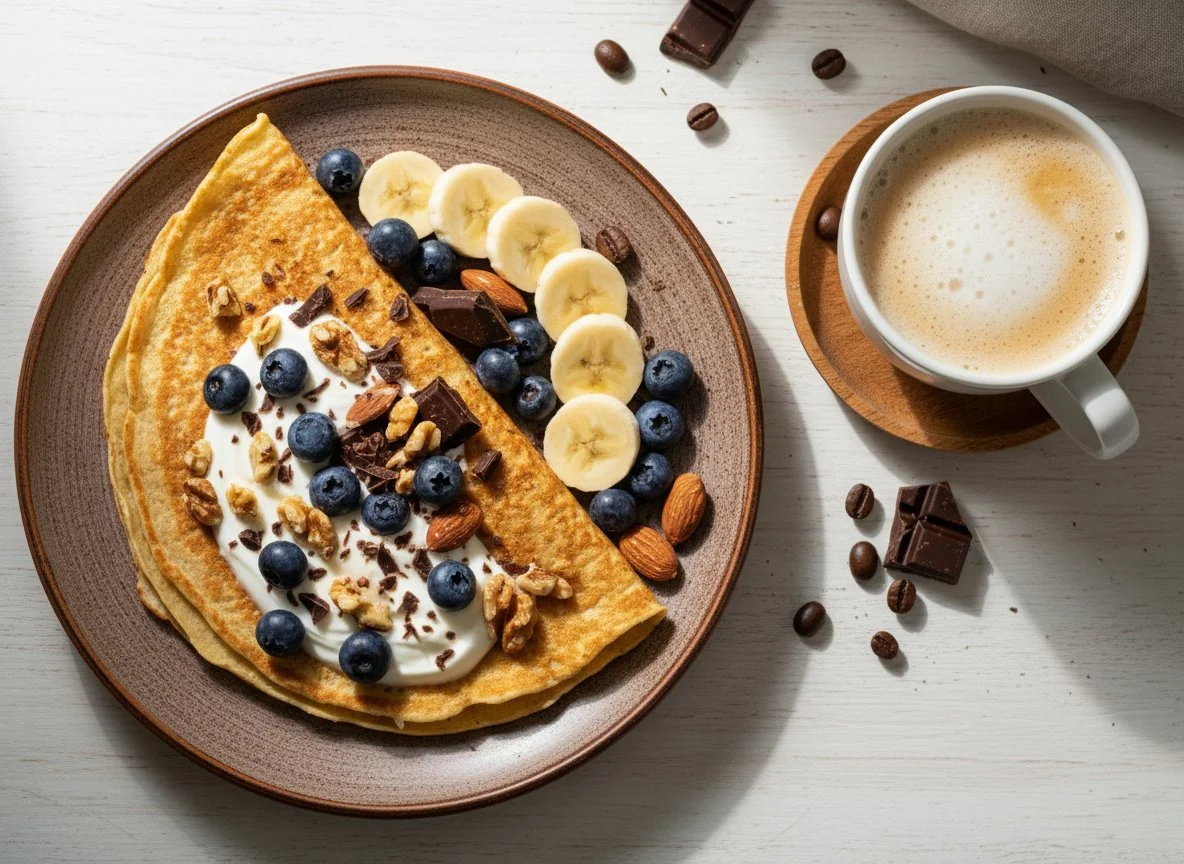 Овсяный блин с ягодами, бананом и йогуртом, с кофе и шоколадом photo