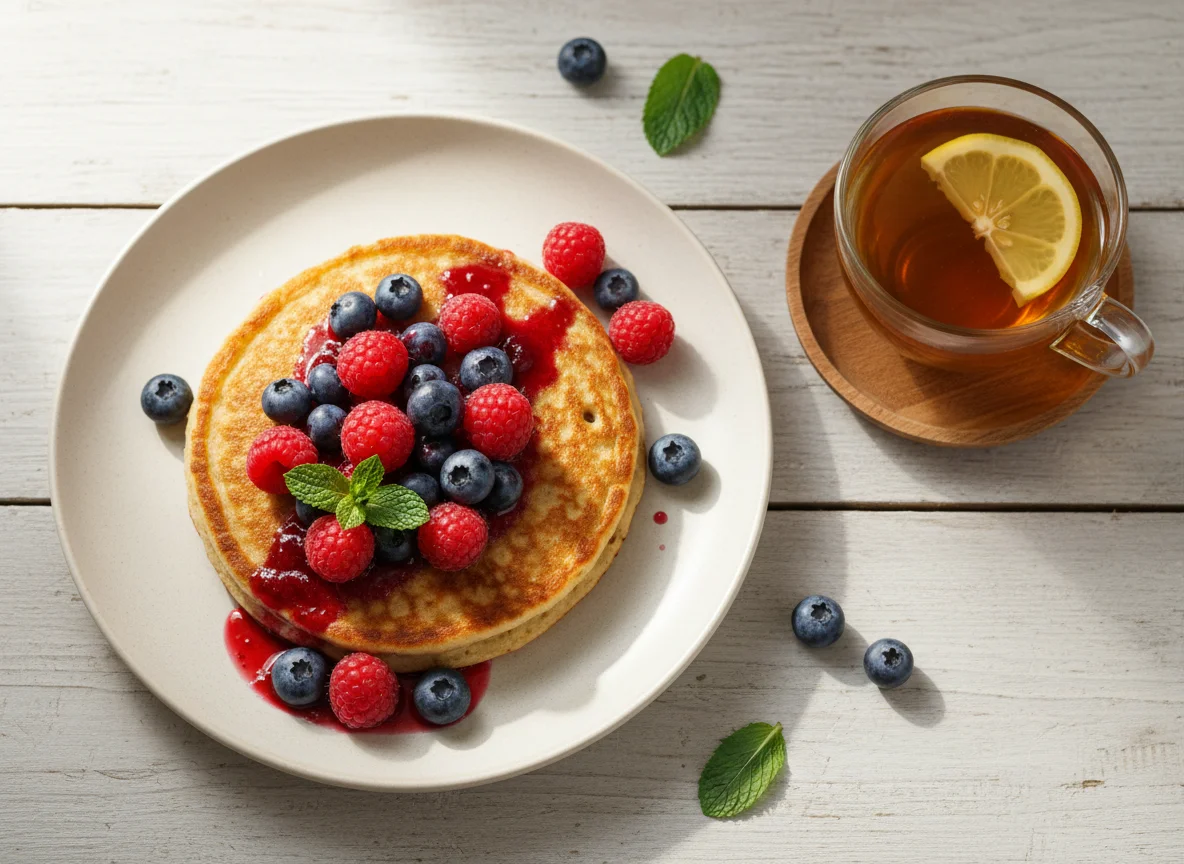 Овсяный блин с ягодами и чаем photo