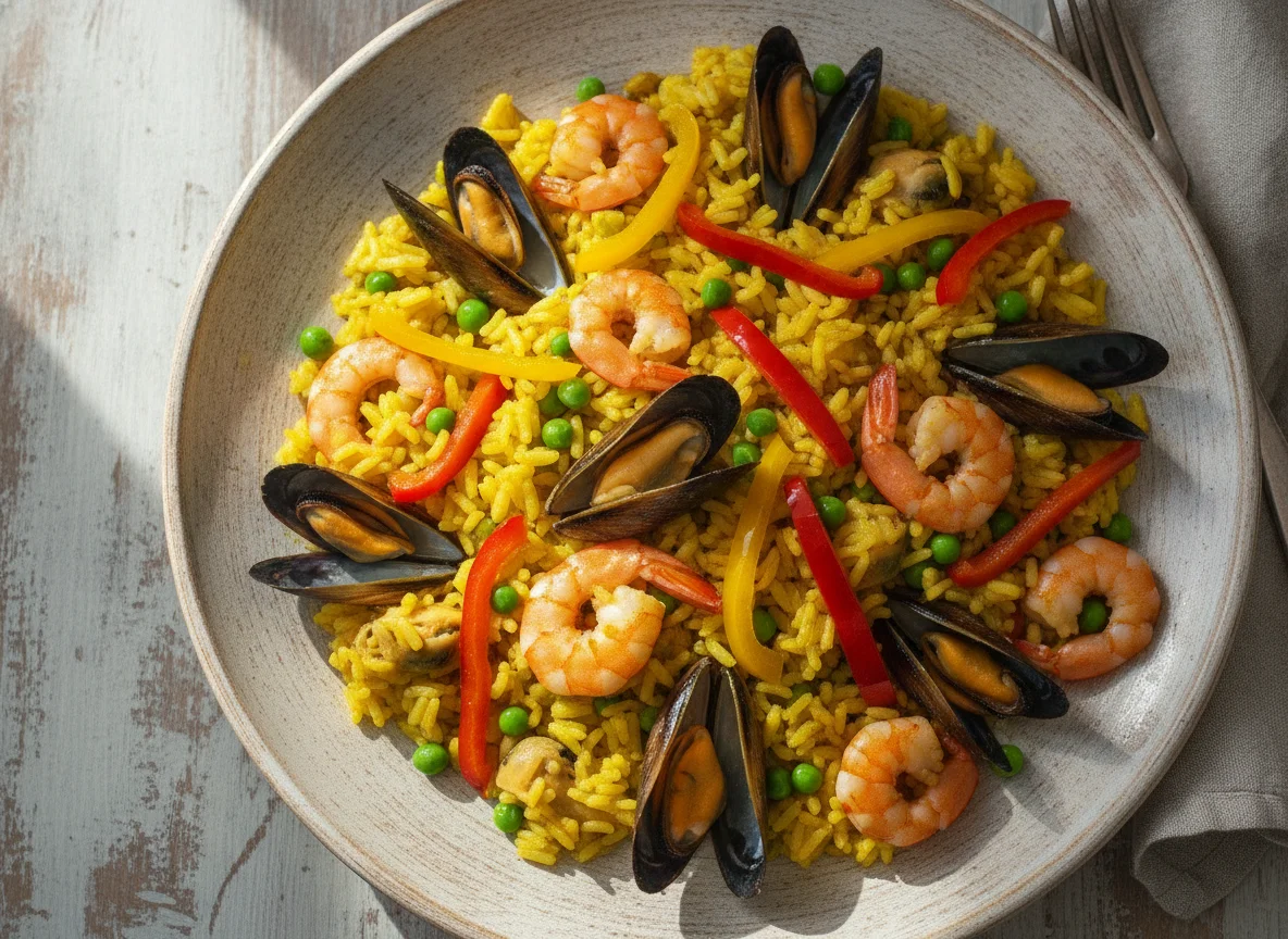Паэлья с морепродуктами и овощами photo