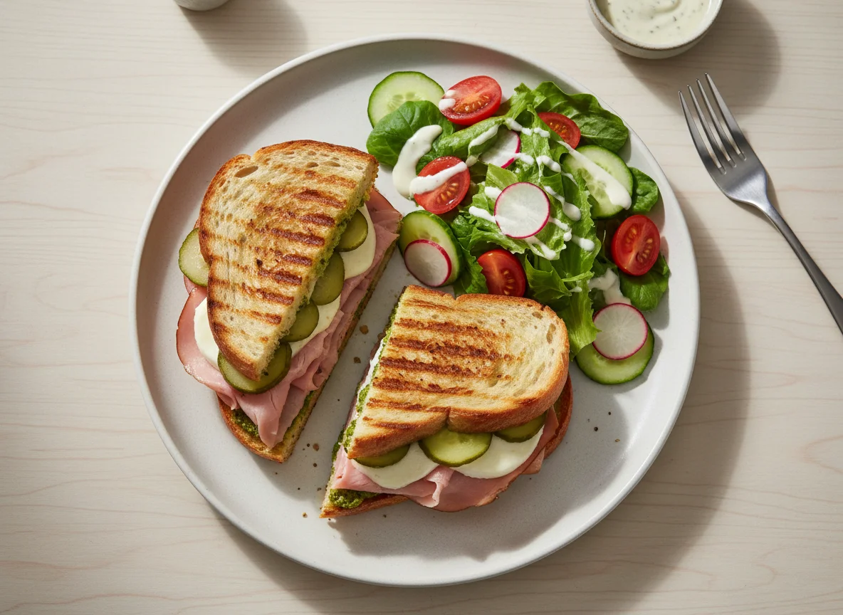 Панини с ветчиной и сыром с гарниром из салата photo