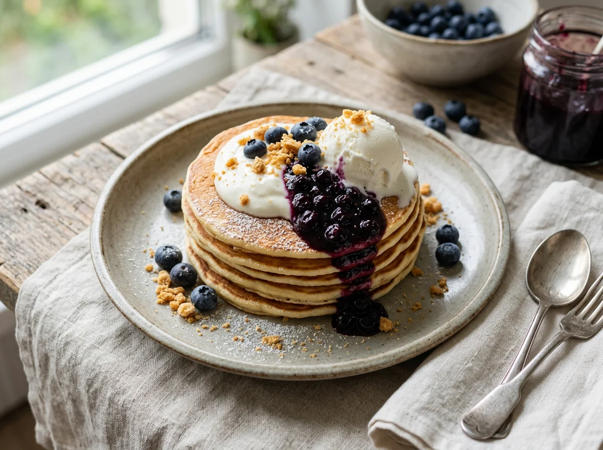 Панкейки с черничным вареньем, сметаной и мороженым photo