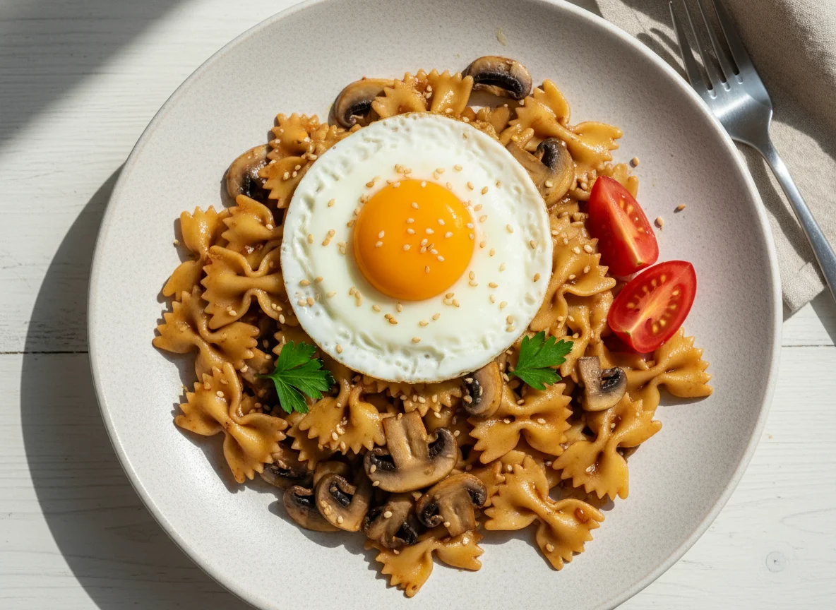 Паста фарфалле с грибами, яичницей и помидорами photo
