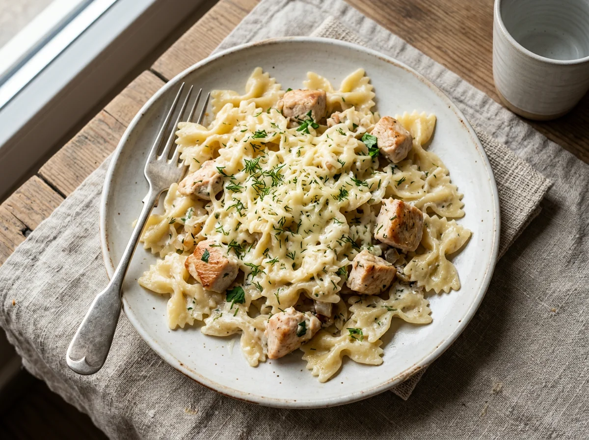 Паста фарфалле с курицей и сыром photo