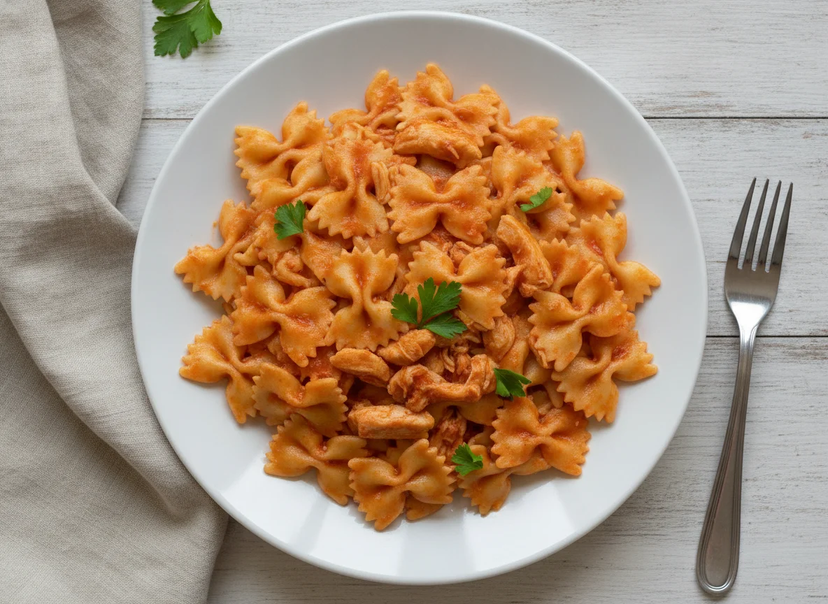 Паста фарфалле с курицей в томатном соусе photo