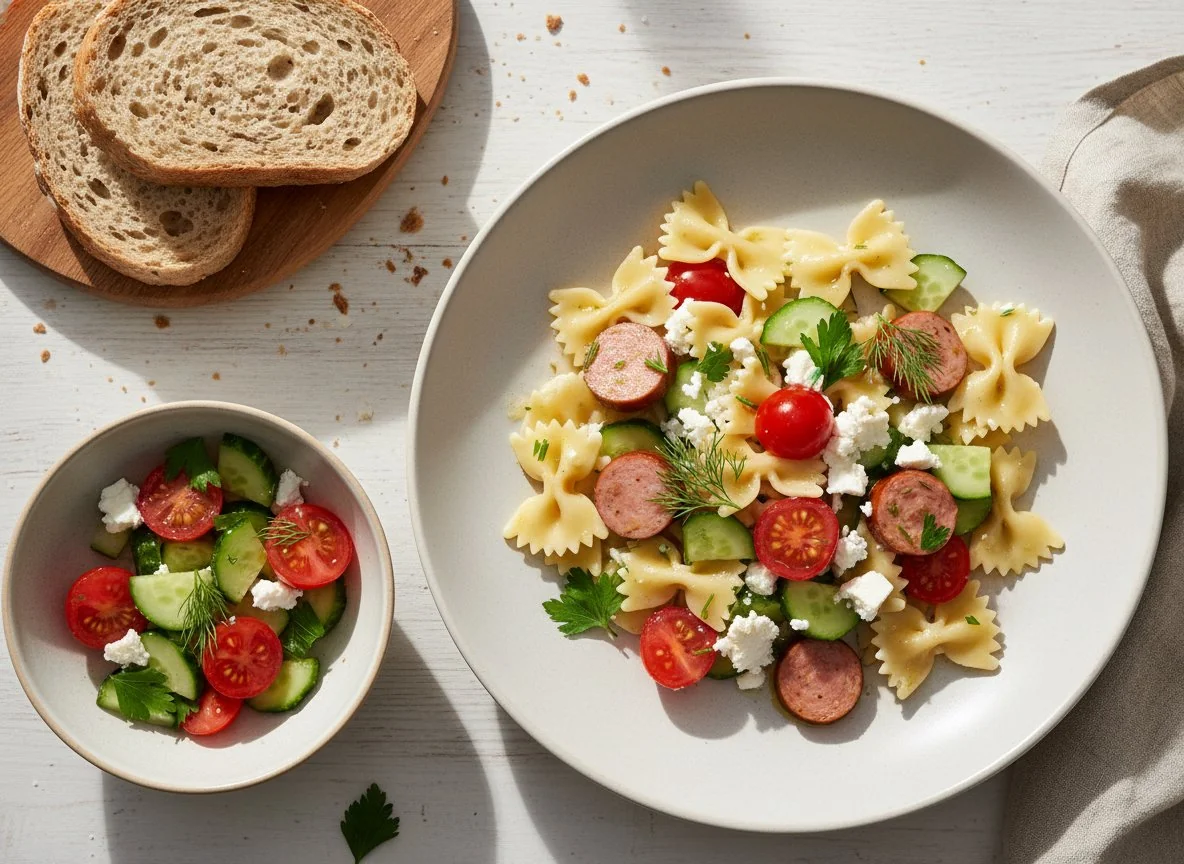 Паста фарфалле с куриной колбаской, овощным салатом и хлебом photo