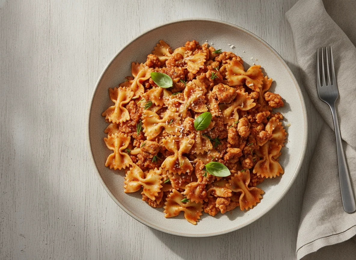 Паста фарфалле с мясным фаршем и томатным соусом photo