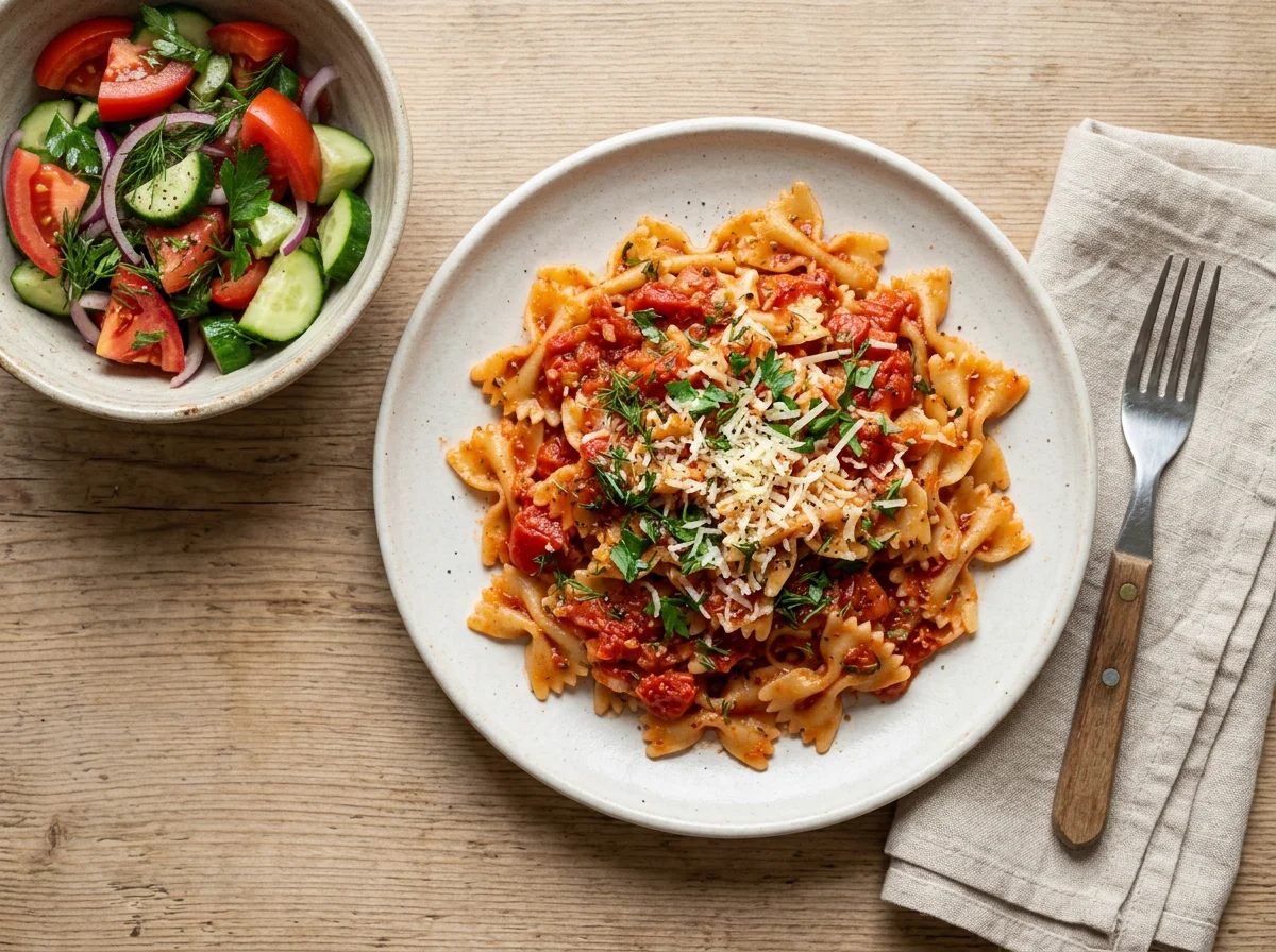 Паста фарфалле с томатным соусом и овощным салатом photo