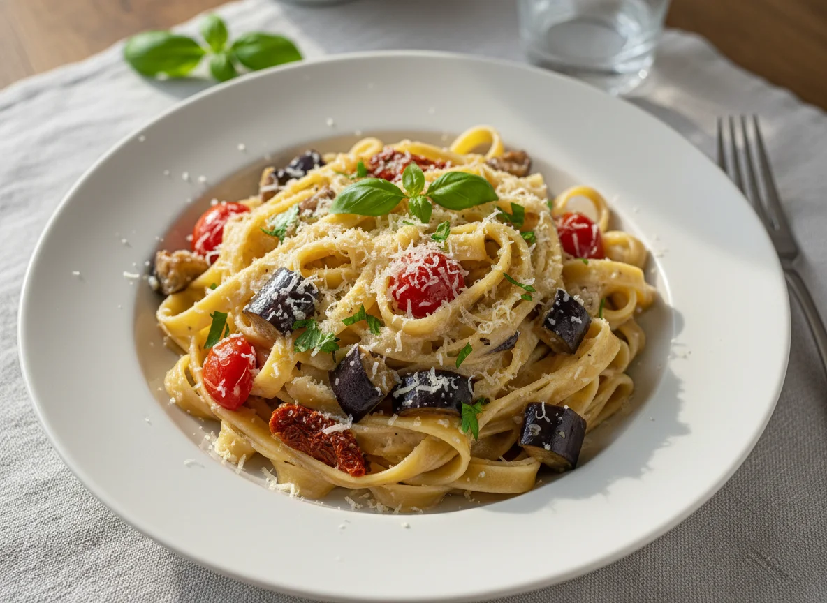 Паста Феттучини с кремовым соусом и овощами photo