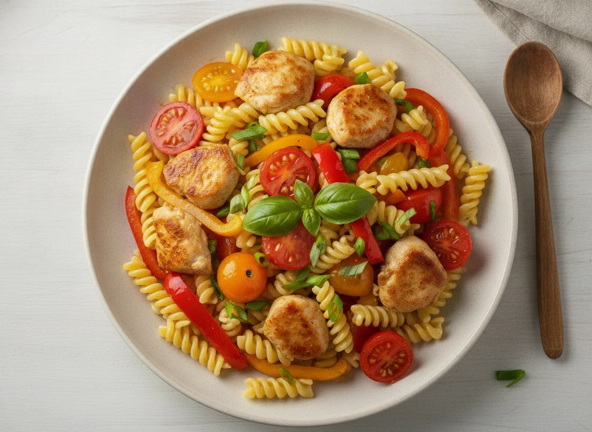Паста фузилли с курицей и овощами photo