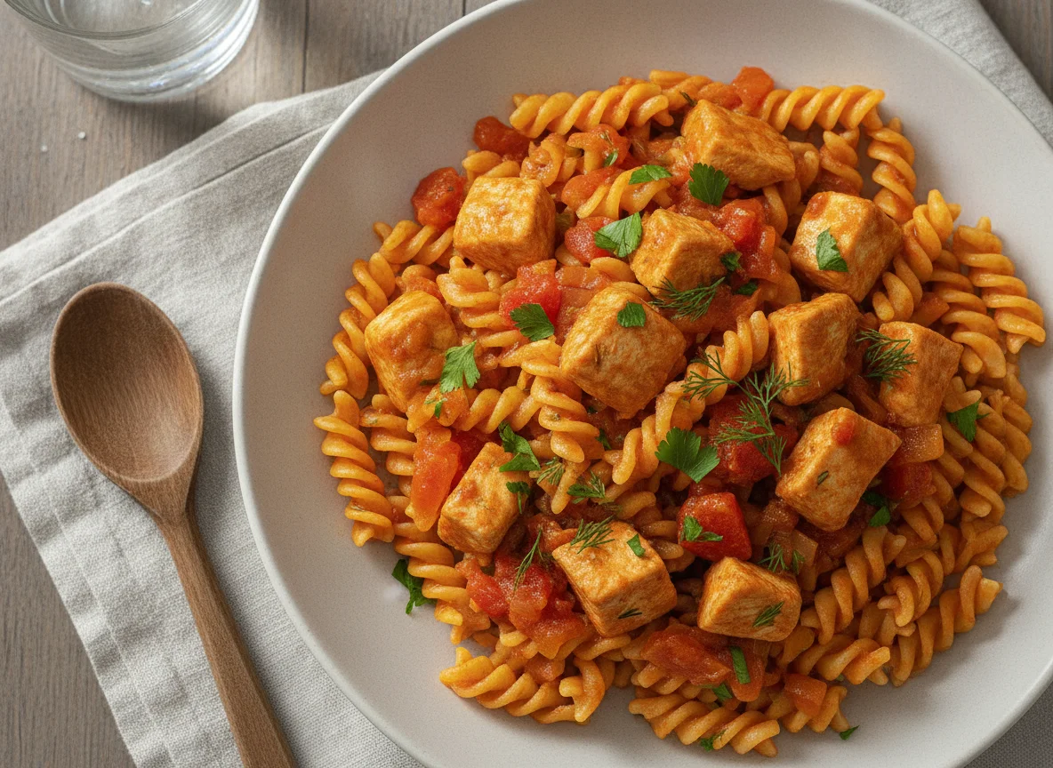 Паста фузилли с курицей и томатным соусом photo