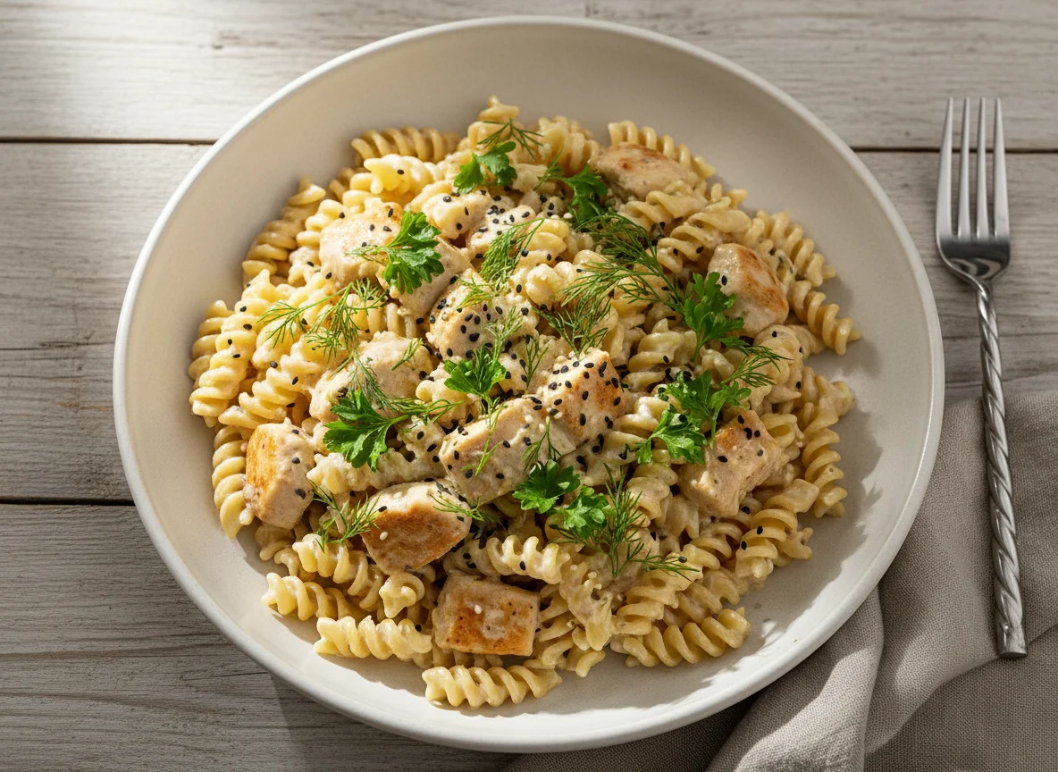 Паста фузилли с курицей в сливочном соусе photo