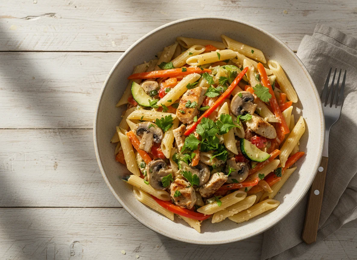 Паста пенне с курицей и овощами photo