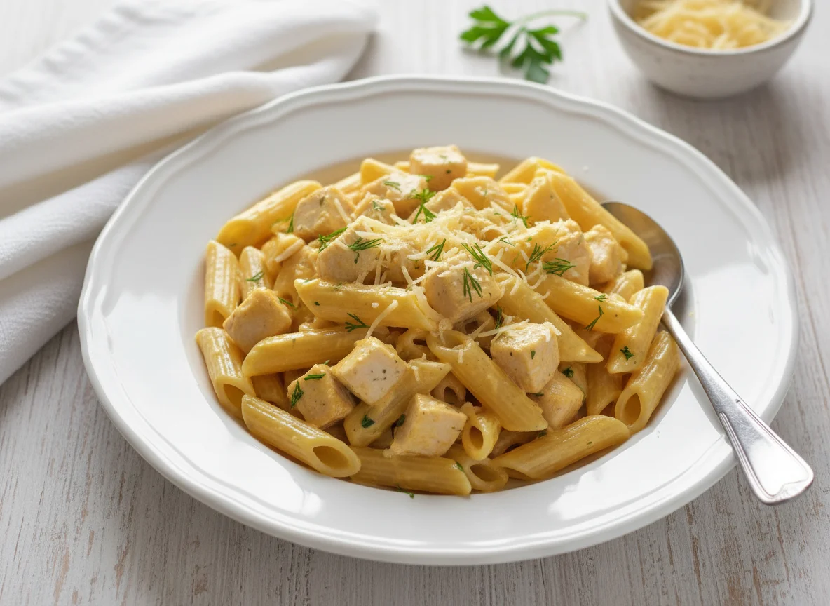 Паста пенне с курицей и сырным соусом photo