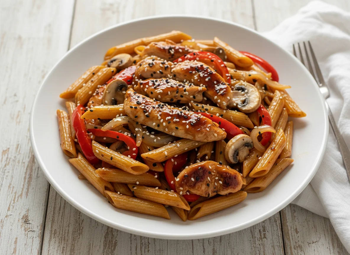 Паста пенне с курицей терияки и овощами photo