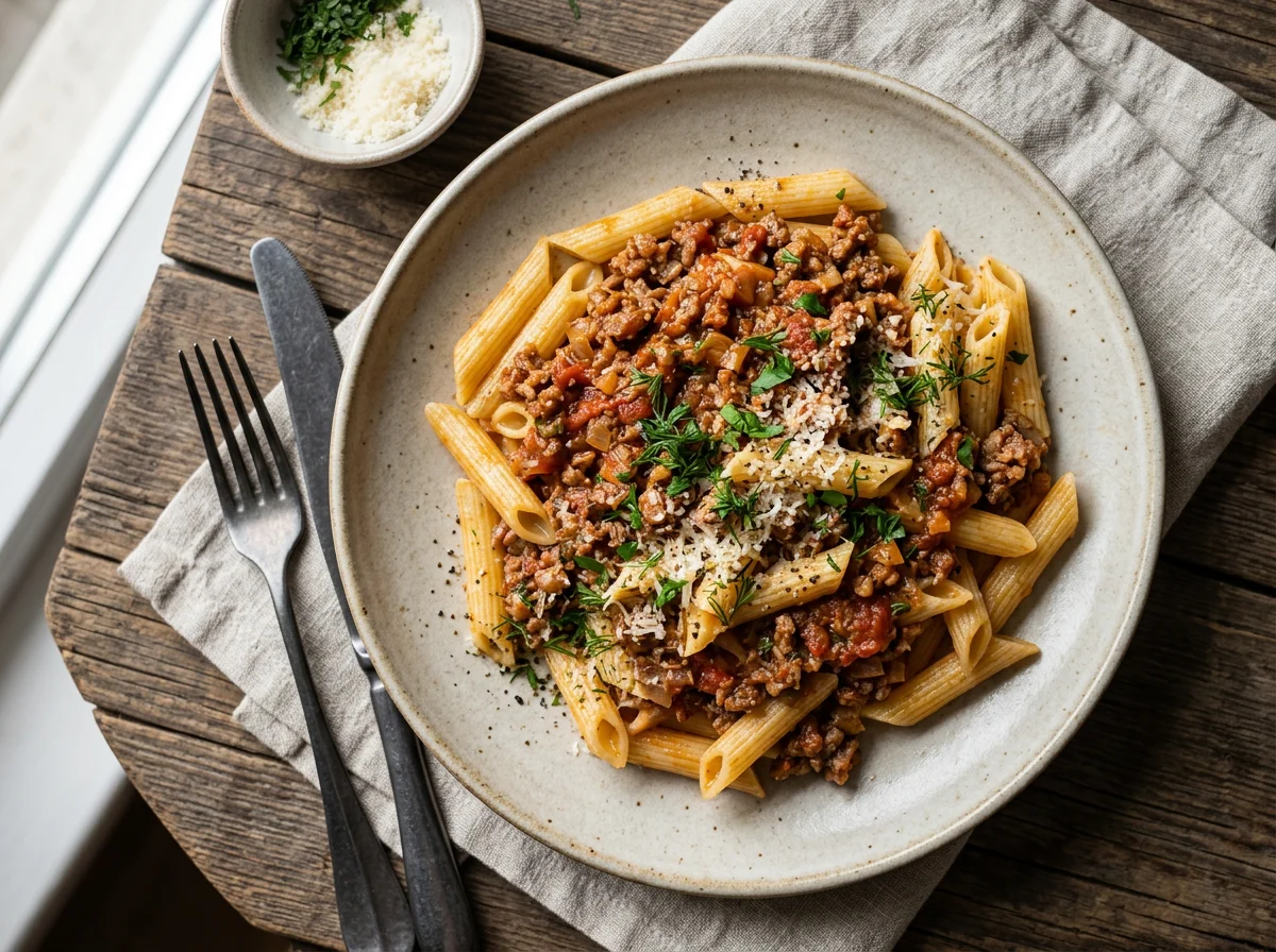 Паста пенне с мясным соусом photo