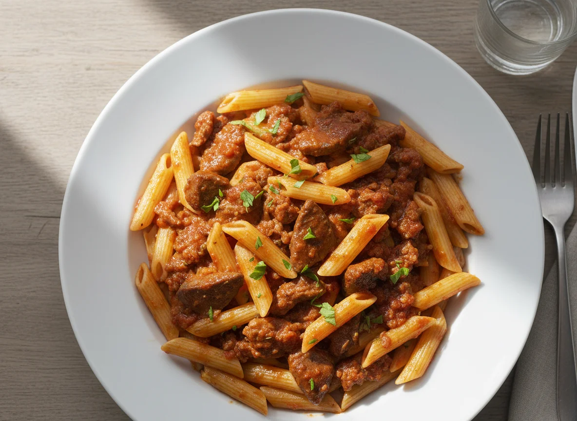 Паста пенне с мясом и соусом photo