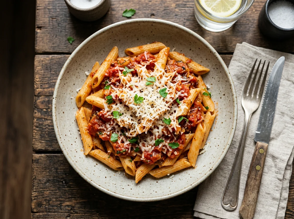 Паста пенне с томатным соусом и сыром photo