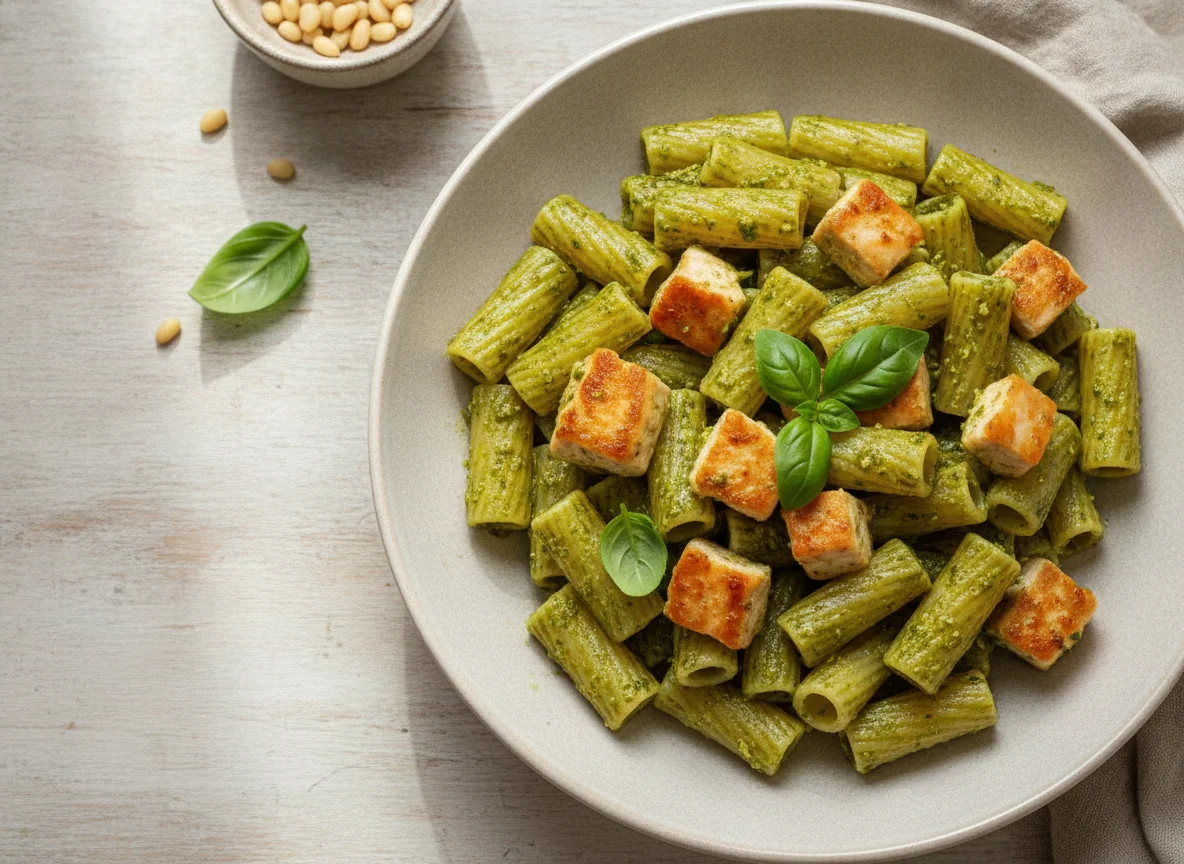 Паста ригатони с курицей и соусом песто photo