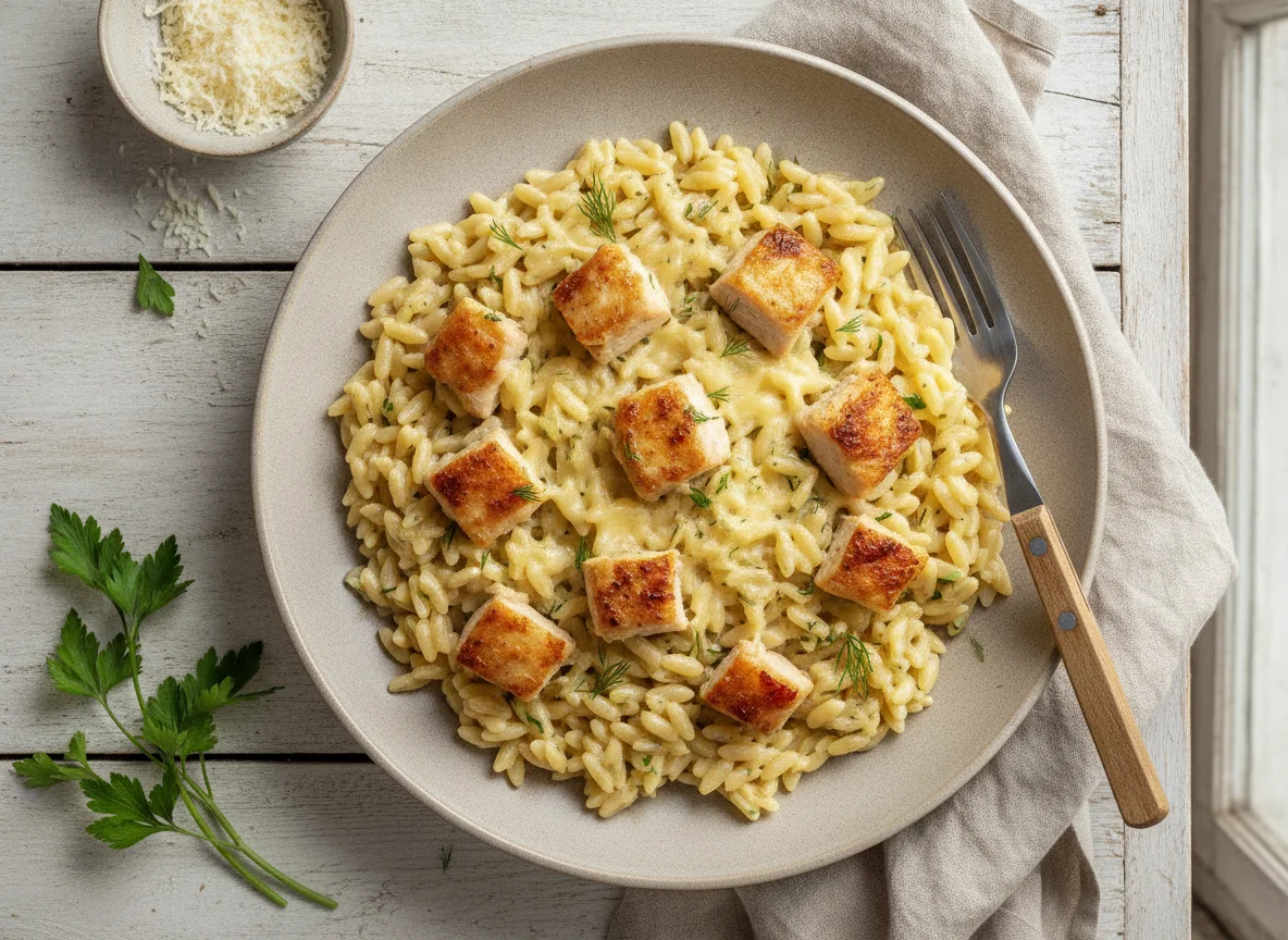 Паста ризони с сырным соусом и курицей photo