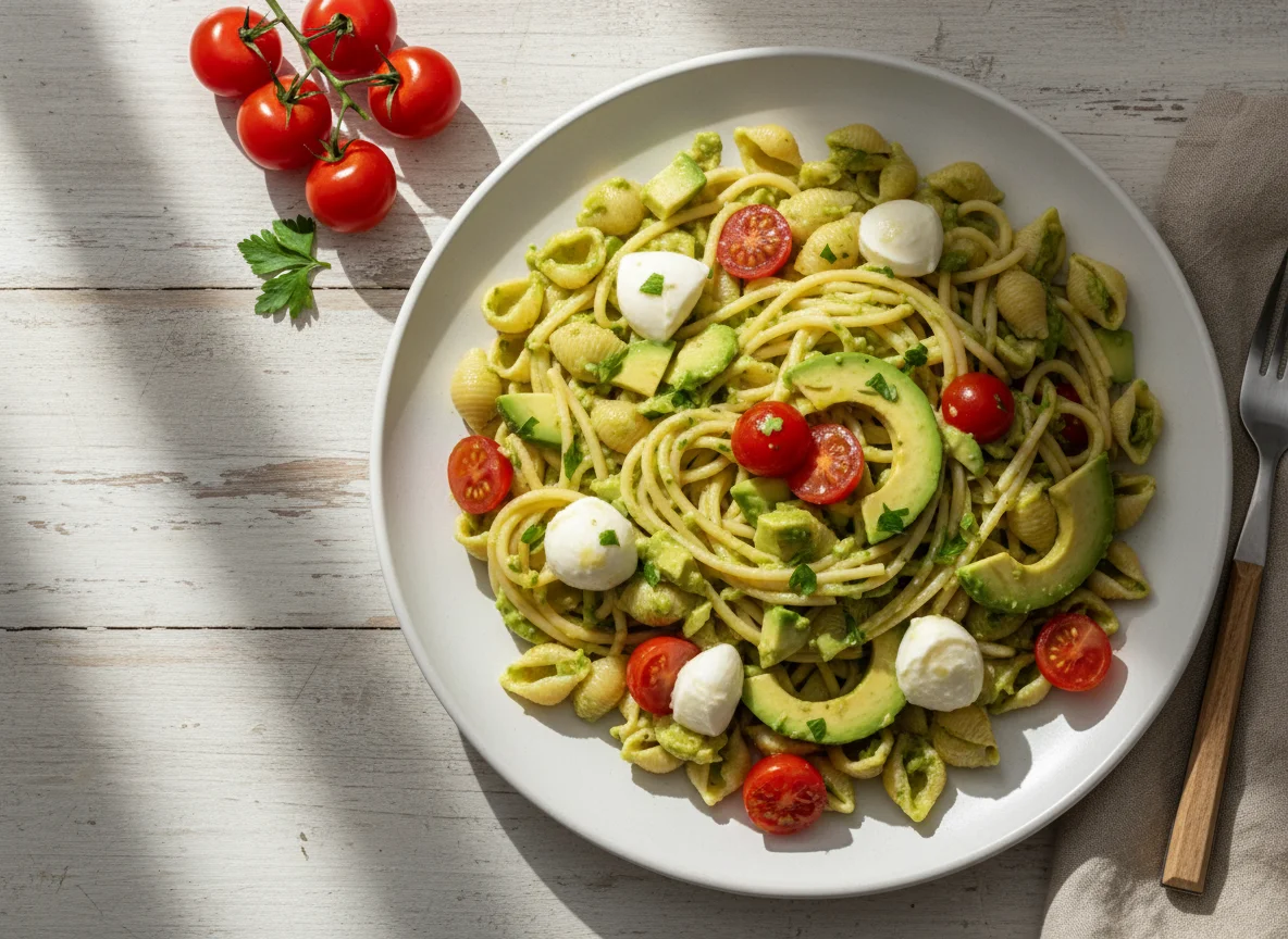 Паста с авокадо, помидорами черри и моцареллой photo
