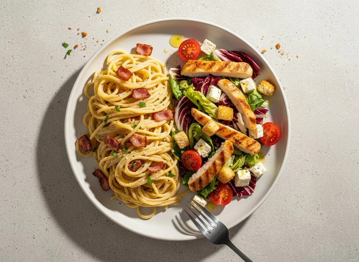 Паста с беконом и салат с сухариками photo