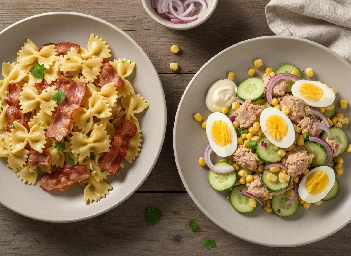 Паста с беконом и салат с тунцом photo