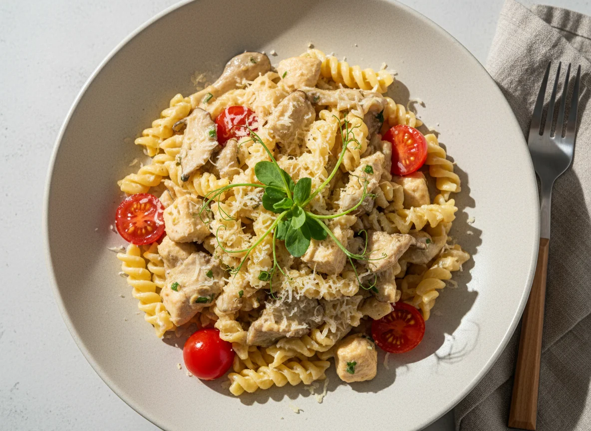 Паста с цыпленком и вешенками photo