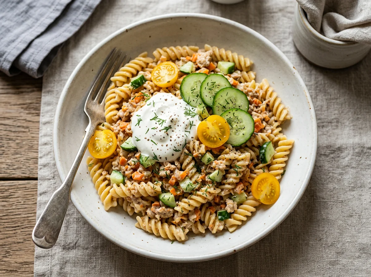 Паста с фаршем, огурцами, помидорами и сметаной photo