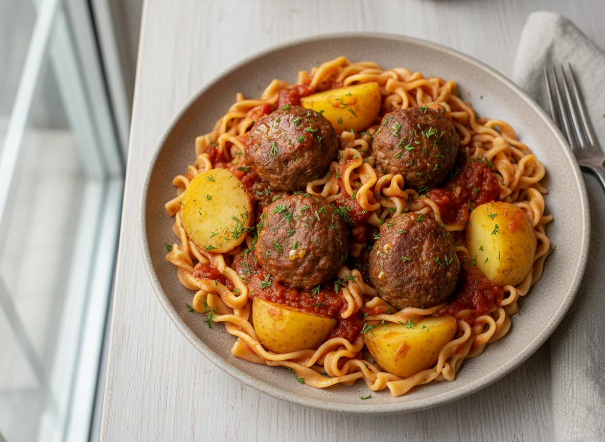 Паста с фрикадельками и картофелем photo